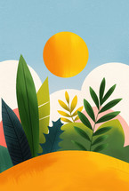 Colorful illustration of a sunny landscape with large, stylized green leaves, a bright yellow sun, and soft clouds against a blue sky, creating a vibrant and cheerful scene.