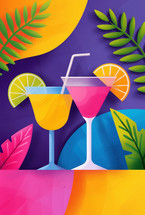 Colorful illustration of two cocktails, one yellow and one pink, with lime and orange slices, surrounded by vibrant tropical leaves on a bold purple and yellow background.