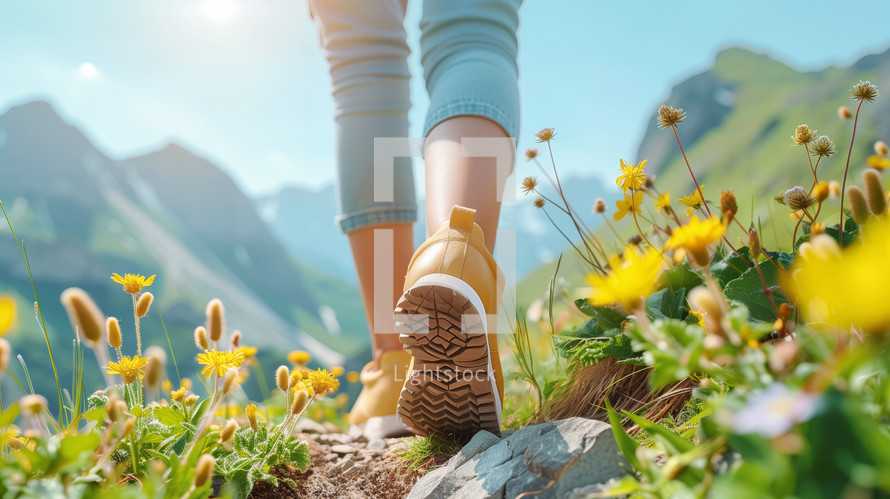 Close-up of hiking boots on trail amidst blooming wildflowers with mountain backdrop.