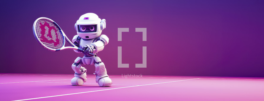 Portrait of a robot playing tennis. Blurred pink and purple background.