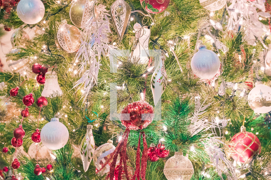 ornaments on a decorated Christmas tree