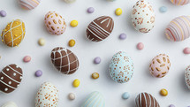 A festive display of assorted chocolate Easter eggs with decorative patterns, surrounded by colorful candy, in a bright flat lay composition.