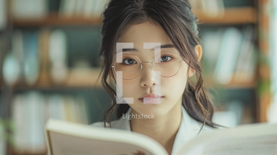 Thoughtful young woman with glasses reading a book, surrounded by a library ambiance.