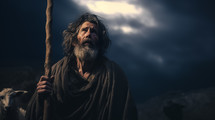 Portrait of a scared shepherd looking at the sky. Nativity of Jesus. Christmas concept.