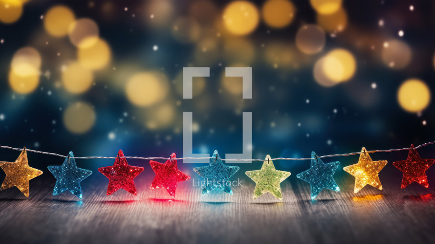 Christmas background with colorful star shape garland and glitter light bokeh.