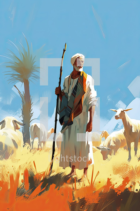 Colorful painting art portrait of Abraham in the sheep pasture. Christian illustration.