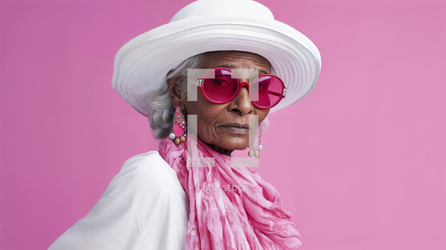 Elegant senior woman with stylish sunglasses and hat against a pink background.