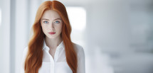 Portrait of a young woman with vibrant red hair and striking blue eyes, dressed in a crisp white shirt.