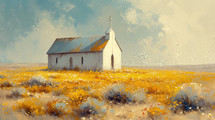 Vintage painting of a minimalist white church set amidst a golden field of wildflowers under a vast, expressive sky.