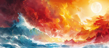An artistic portrayal of the biblical creation narrative with vibrant colors signifying the emergence of light separating from darkness over primordial waters.
