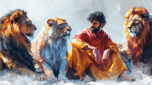 A serene portrayal of Daniel in the lion's den, surrounded by majestic lions in a harmonious composition, depicting a famous biblical scene.