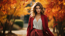 Portrait of beautiful young woman in colourful autumn landscape. 