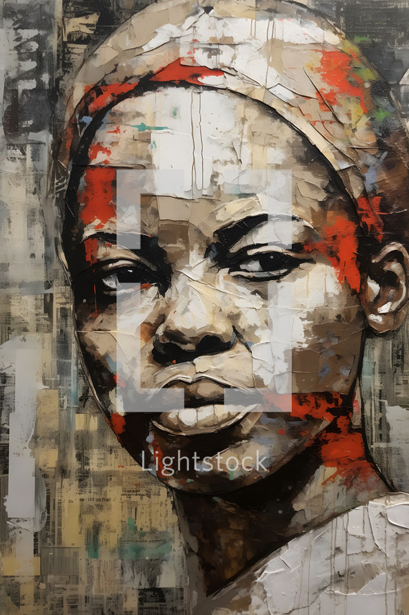 Colorful art style portrait of african woman in torn paper collage background.