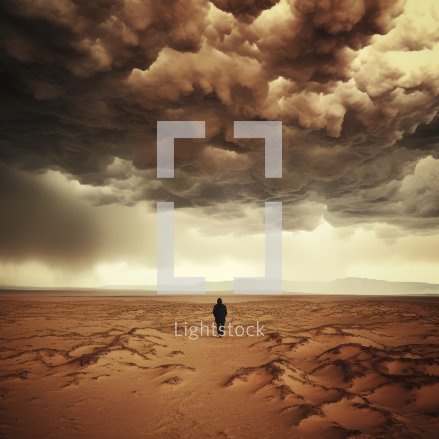 Solitary figure of a dark person in a desert with menacing clouds, searching for oneself, faith, and one's own path
