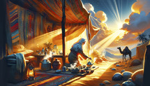 Illustration of Abraham's wife Sarah preparing tea in their Bedouin tent. Christian illustration.
