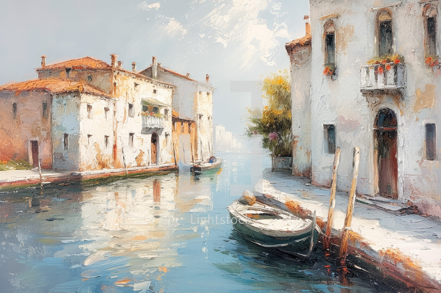 Serene Venetian canal with moored boats, sunlit ancient buildings, and vibrant, textured brushwork.