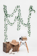ivy, vines, trunk, sunhat, sneakers, chair, books, camera, trip, travel, vacation 