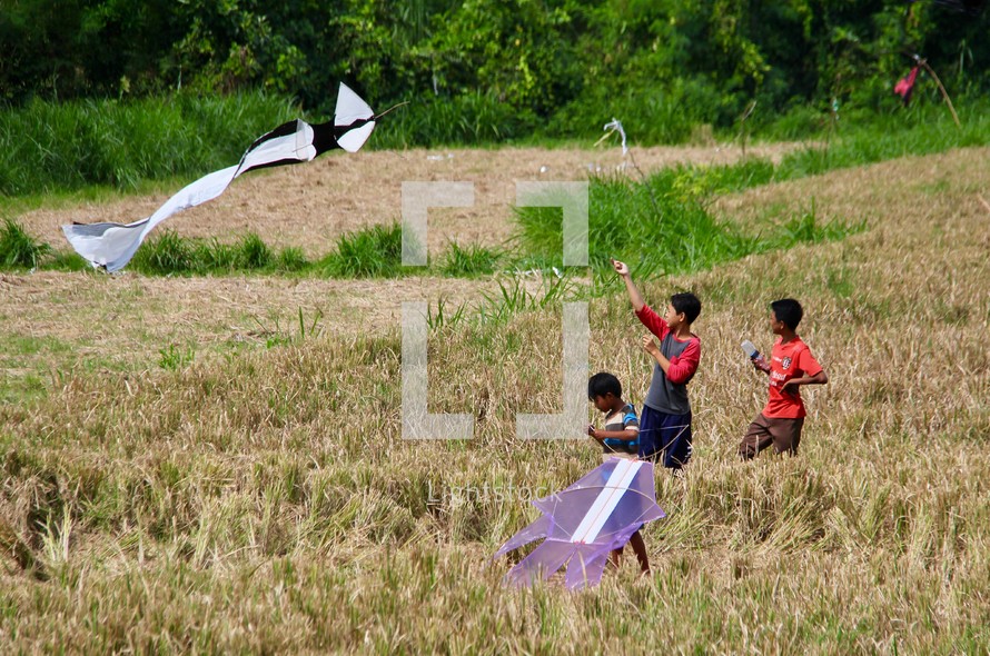 boys flying kites in a field