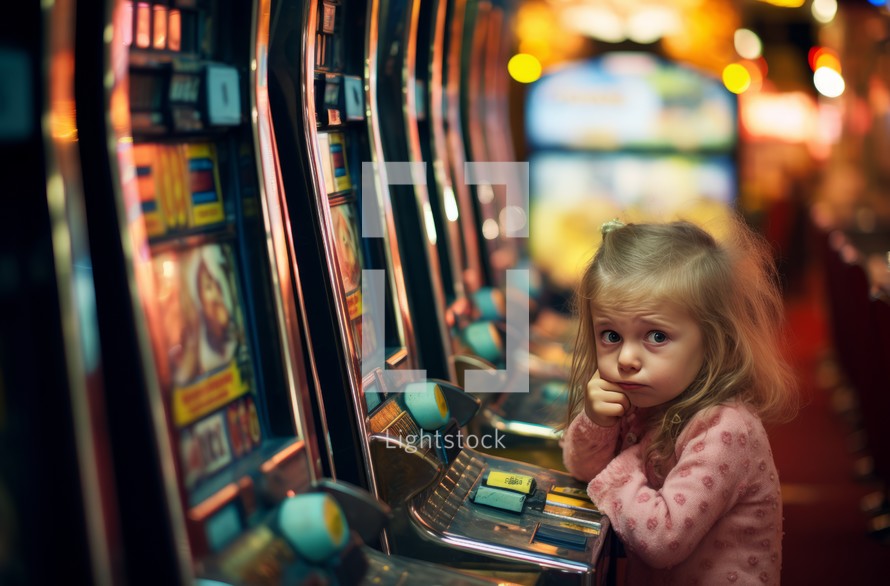 An upset child playing on out-of-focus slot machines, capturing the disappointment or distress associated with gambling environments