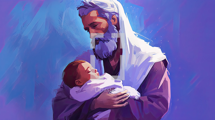 Colorful painting art portrait of a father holding his son in his arms. Abraham and Isaac. Joseph and Jesus. Blue purple background.