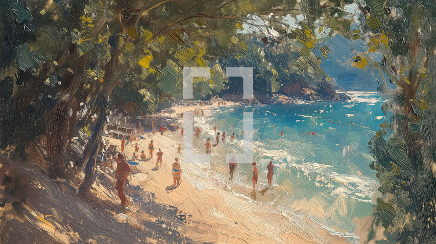 Vintage painting of a lively beach scene framed by dappled shade of trees, with people enjoying the sun and sea in a secluded cove.