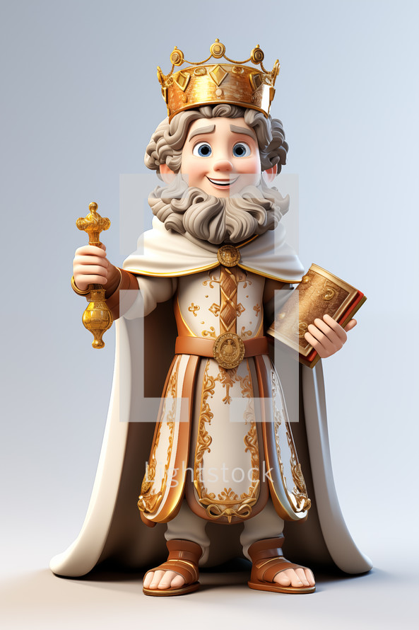 3D character of biblical King David with crown and scepter. Old testament concept.