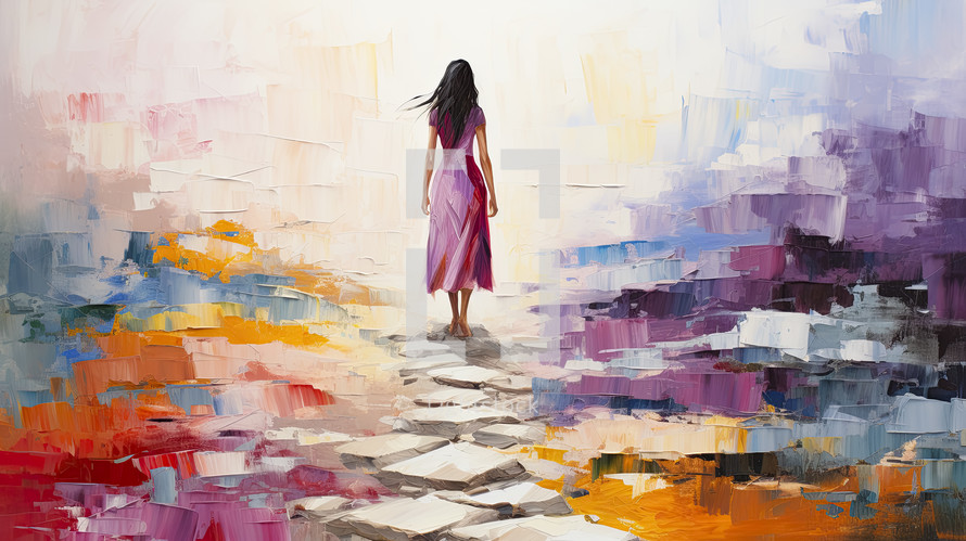 Woman walking towards the light. Christian illustration. 