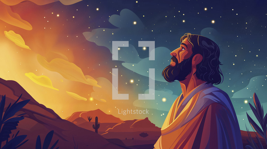 Illustration of a biblical figure gazing at a starry sky, reminiscent of Abraham's moment of divine promise.