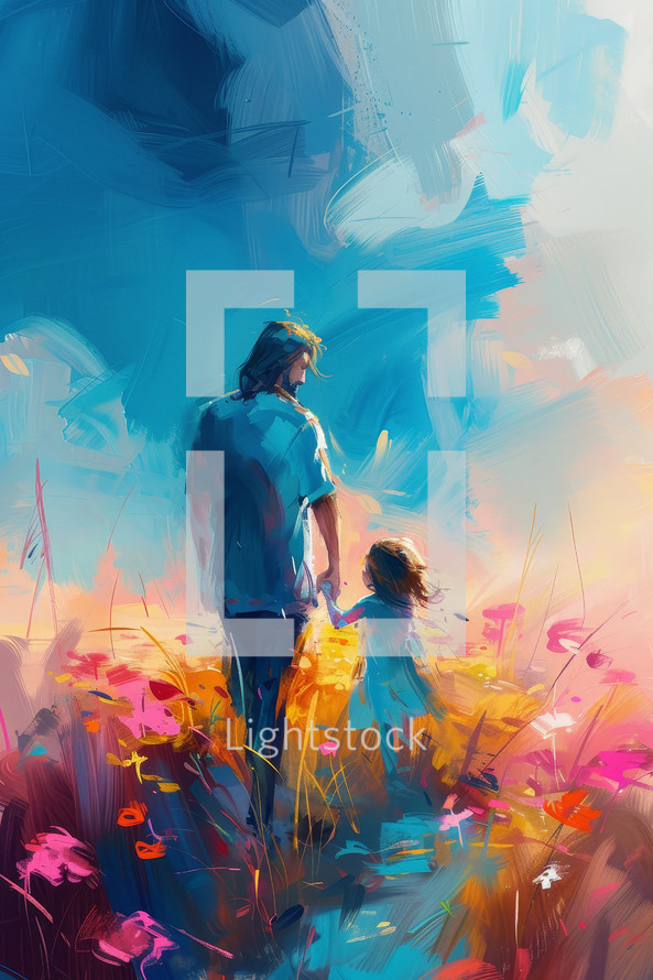 Impressionist artwork of Jesus holding a child's hand, symbolizing guidance and love, amidst a colorful, abstract setting.