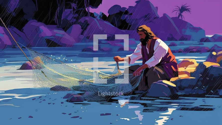 Colorful painting art portrait of the apostle Peter cleaning his fishing net. Christian illustration.
