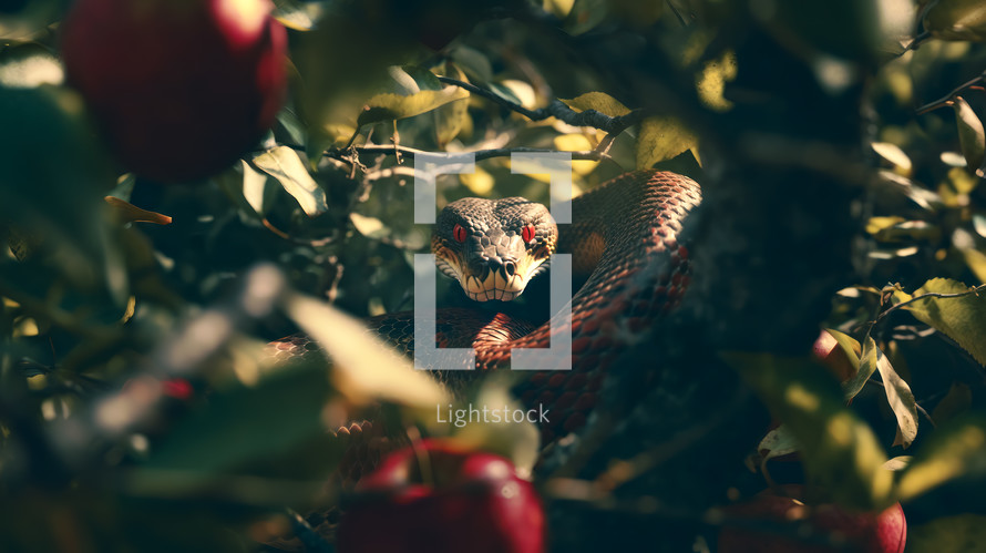 Snake in an apple tree. Fall of mankind or original sin concept. 