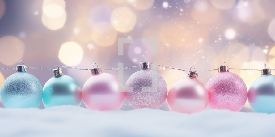 Christmas background with colorful baubles garland and glitter light bokeh.