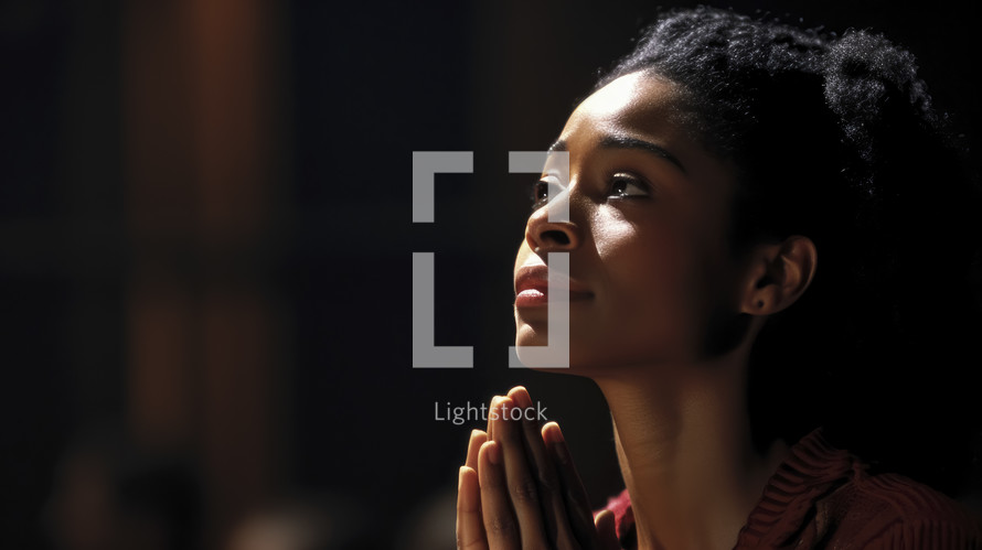 Portrait of young woman praying to God. Relationship with God. Christian illustration. 