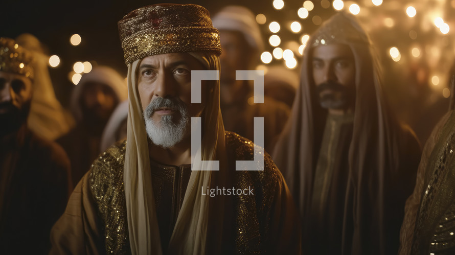 Portrait of the wise men looking to the star of Bethlehem. Nativity scene concept. Christian illustration. 