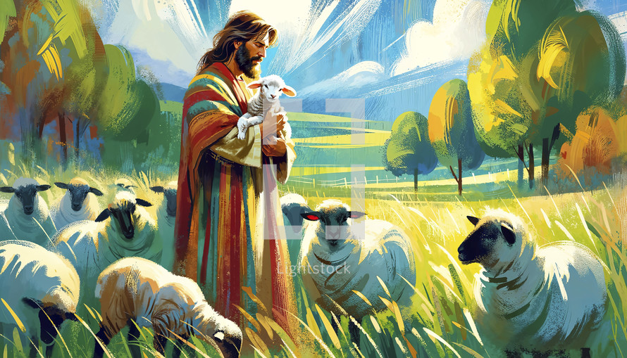 Illustration of Jesus as the Good Shepherd, vibrant pastoral scene.