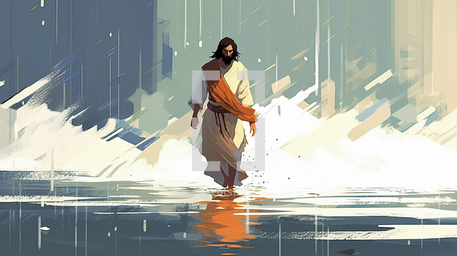 Colorful painting art of Jesus walking on the water. Christian illustration.