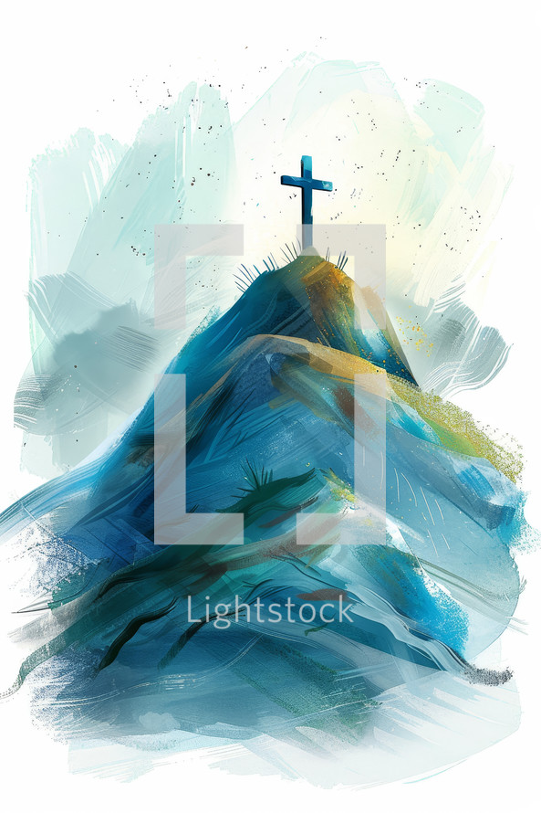 Expressive watercolor painting of a cross atop a hill, symbolizing faith and redemption.