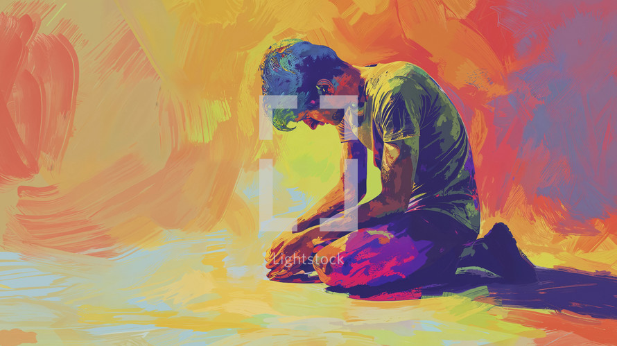 A young Latino man in earnest prayer, depicted with a bowed head and vibrant, expressive splashes of color, highlighting a moment of profound spiritual reflection.