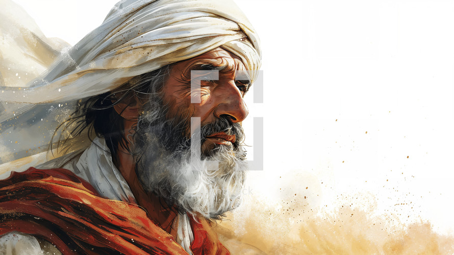A powerful, painted portrait of a wise, aged man, evoking the biblical patriarch Abraham.