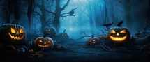 Halloween background with scary pumpkins in the forest. 3d rendering