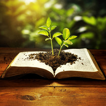 Seedlings grow out of an open Bible.