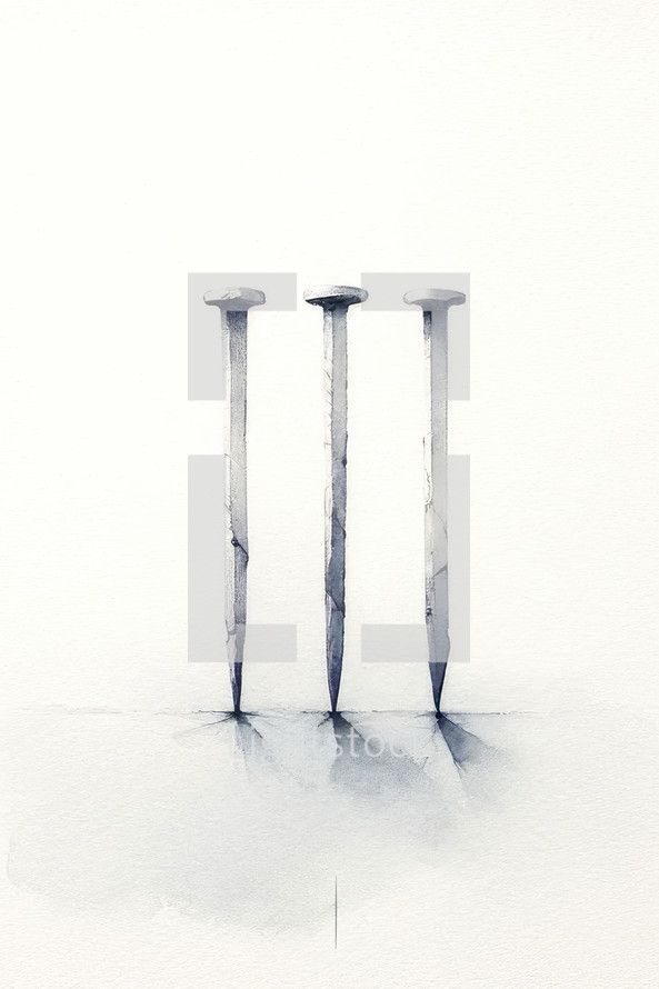 Arma Christi: Holy Nails, symbols of sacrifice. Drawing of nails on a white background in the style of watercolor.