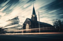 Church in motion blur. Blurred light trails on the street.