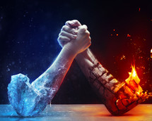Two hands wrestle together representing both fire and ice.