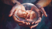 Digital painting of two hands holding an unborn child.