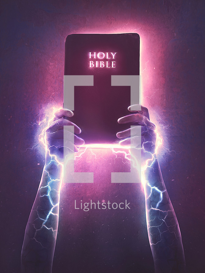 Two hands hold up a Bible with glowing lights and lightning