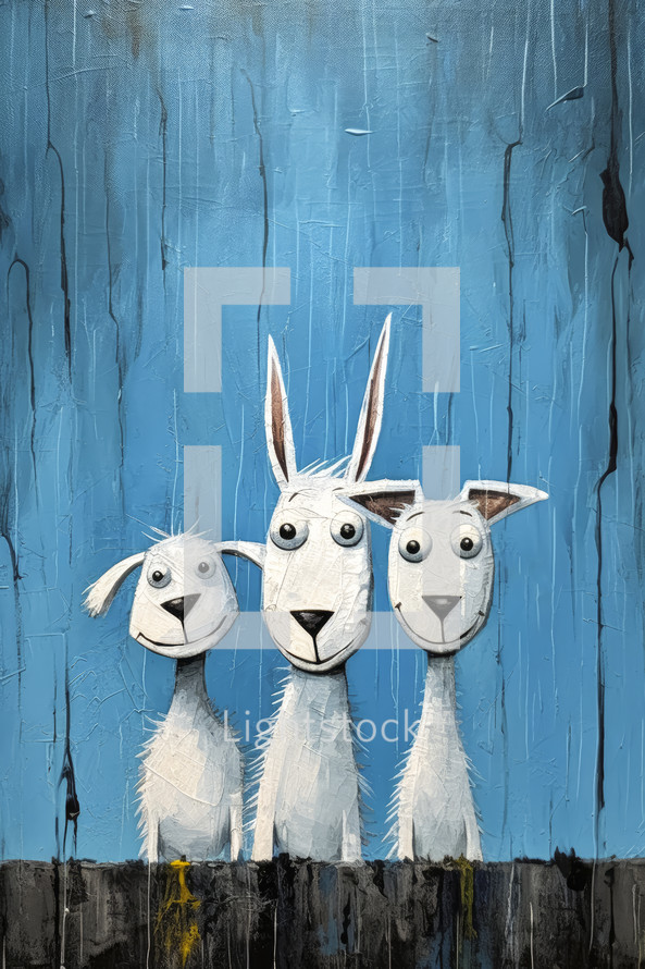 Portrait of a oil painting portrait of funny and happy goats on blue background.