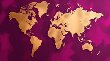 Gold world map on a magenta background. 