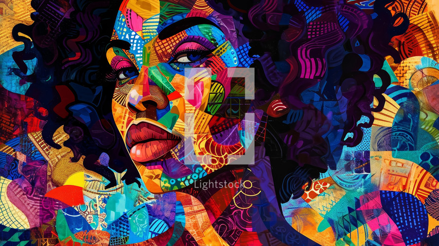 Dynamic digital collage portraying a woman's face with vibrant, abstract, and patterned shapes in a Cuban art-inspired style.