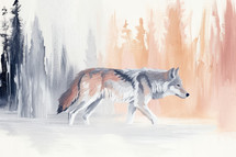 Graceful white wolf in motion, depicted in a minimalist winter forest scene, executed in a modern painting style with gentle brushstrokes.